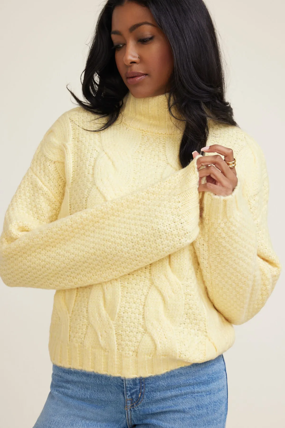 Sasha Cable Knit Funnel Neck Sweater sold by Dynamite