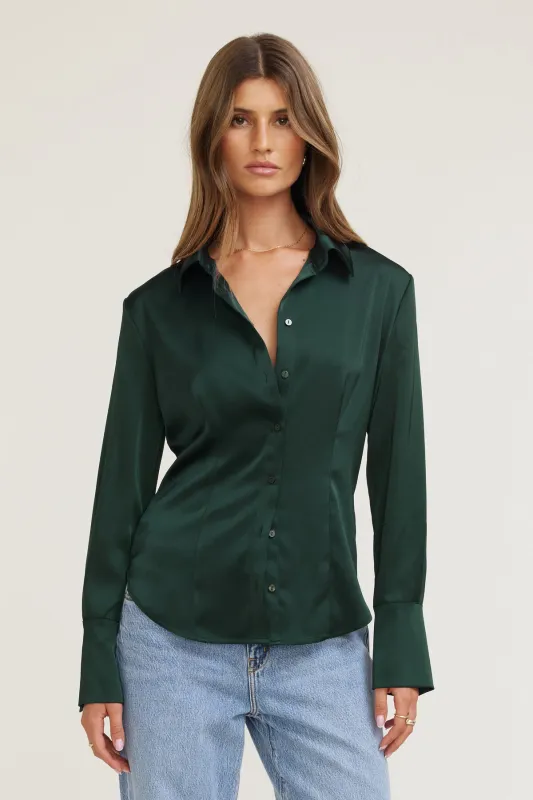 Eva Cinched Satin Shirt sold by Dynamite