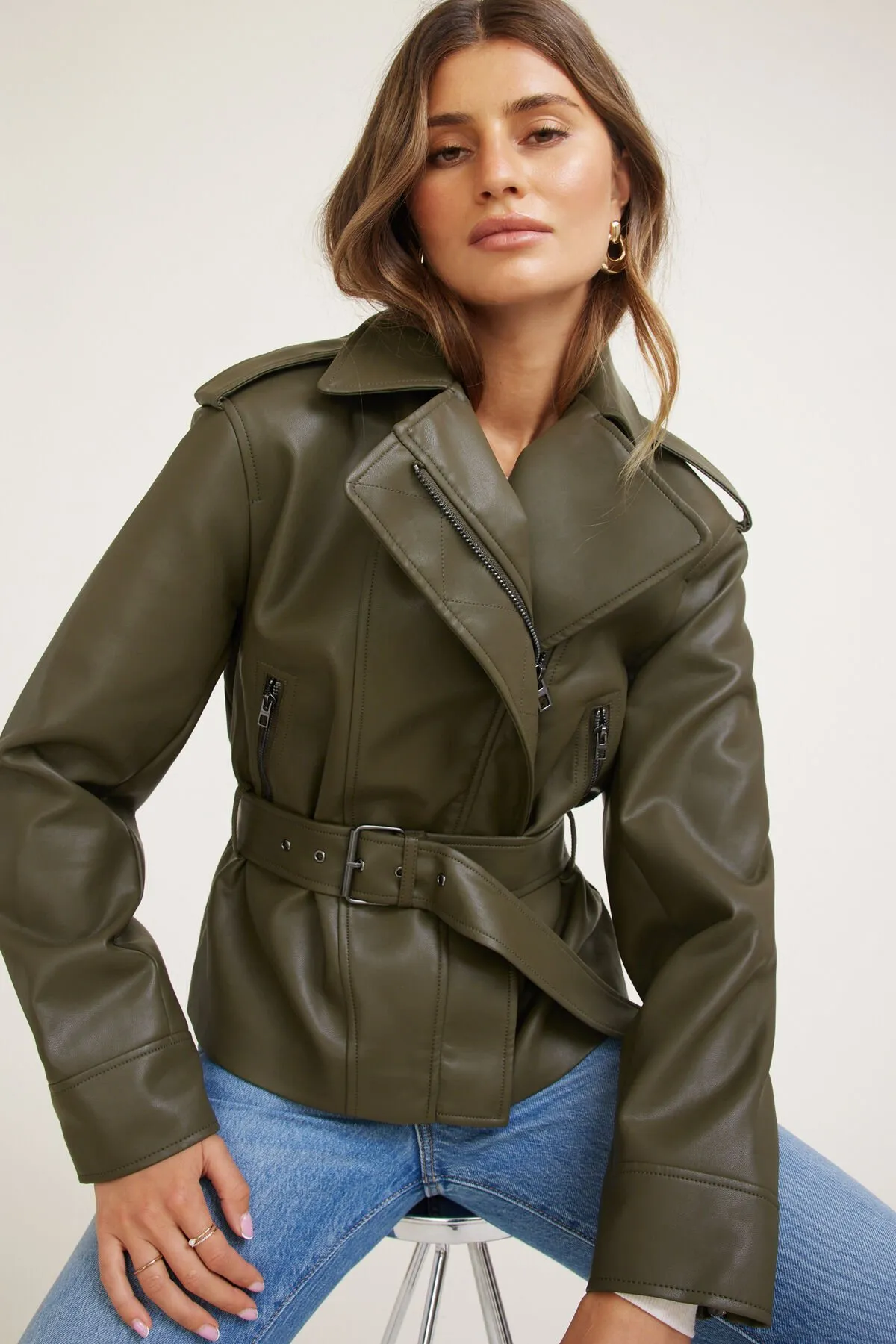 Belted Faux Leather Moto Jacket sold by Dynamite