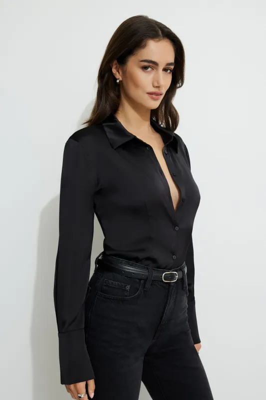 Eva Cinched Satin Shirt sold by Dynamite