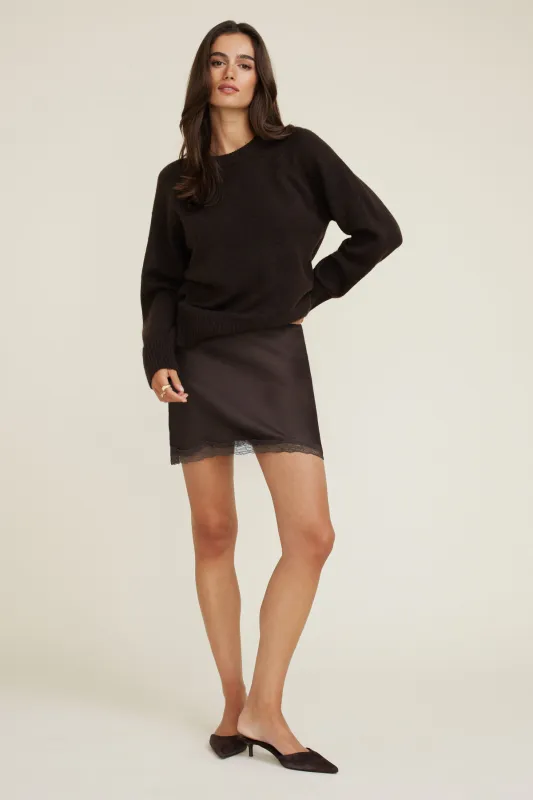 Lace Trim Satin Mini Skirt sold by Dynamite