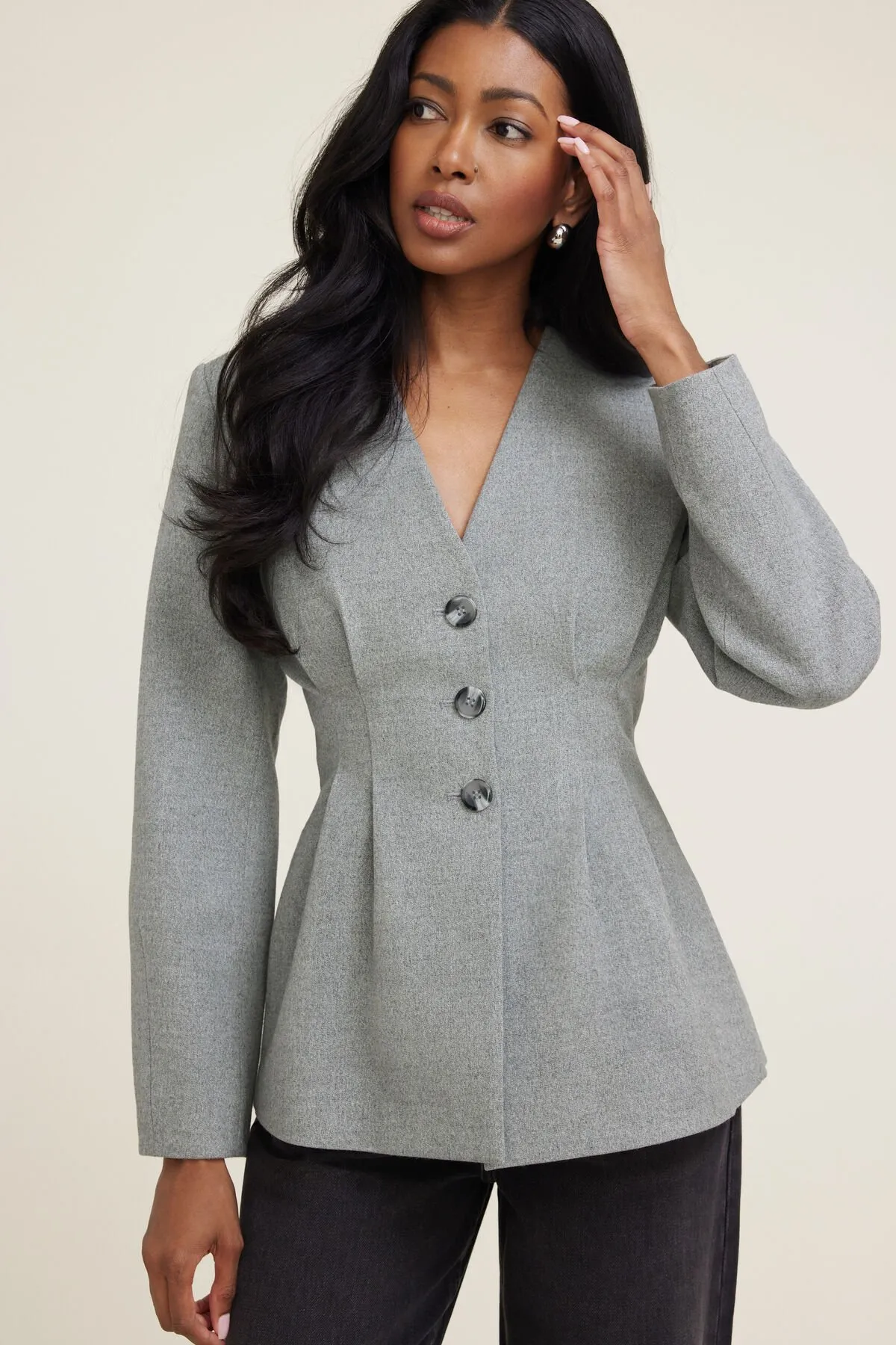 Pleated Collarless Flannel Blazer sold by Dynamite