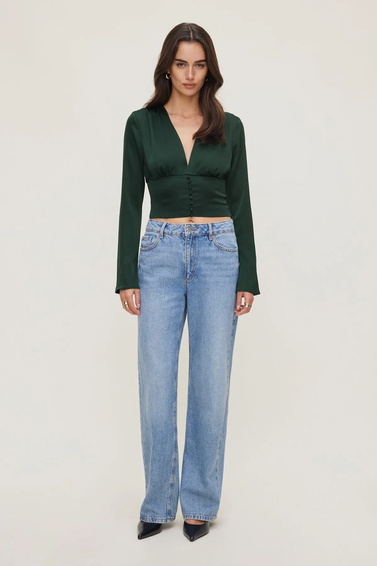 Draped V Neck Satin Blouse sold by Dynamite