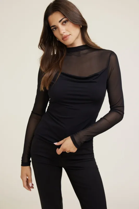 Long Sleeve Mesh Sheer Cowl Top sold by Dynamite