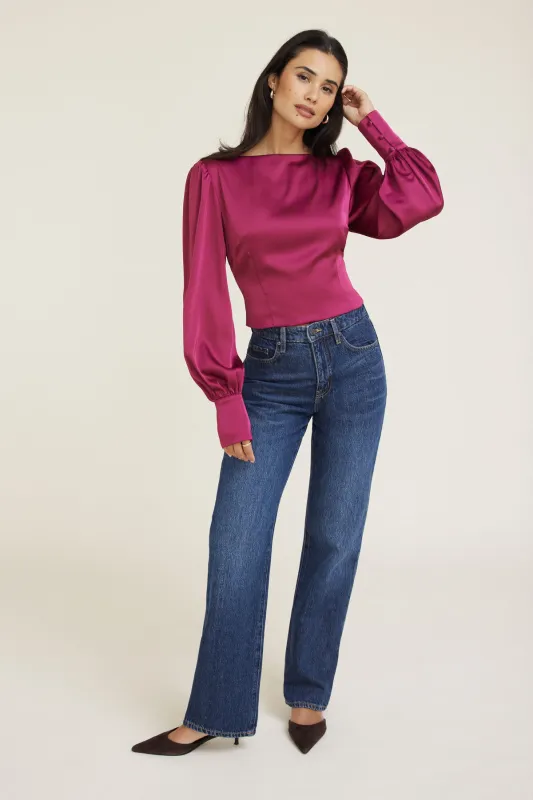 Faye Cropped Boat Neck Satin Blouse sold by Dynamite