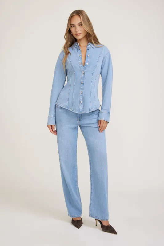 Cinched Tencel™ Denim Shirt sold by Dynamite