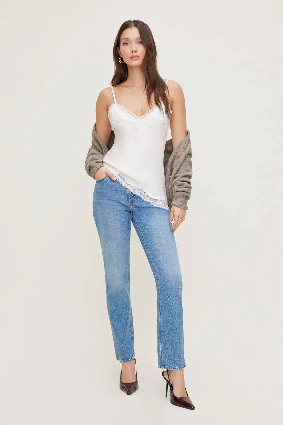 Asymmetric Lace Trim Satin Cami sold by Dynamite