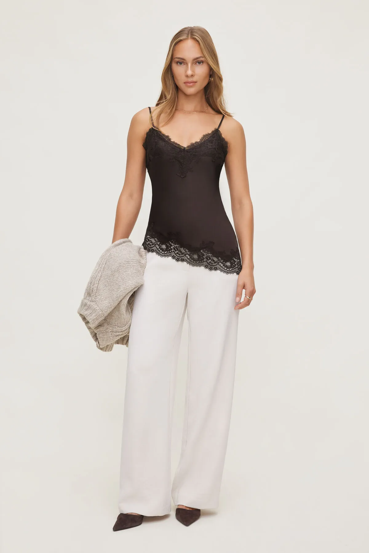 Asymmetric Lace Trim Satin Cami sold by Dynamite