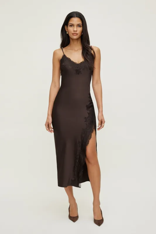 Lace Trim Satin Maxi Dress sold by Dynamite