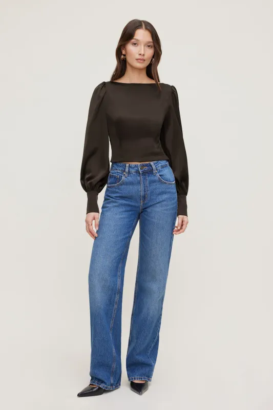 Faye Cropped Boat Neck Satin Blouse sold by Dynamite