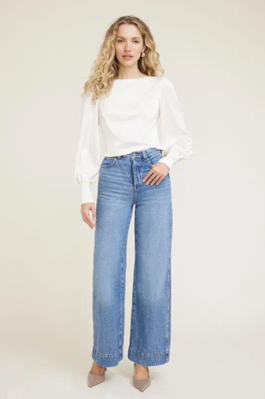 Faye Cropped Boat Neck Satin Blouse sold by Dynamite