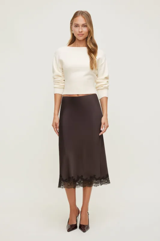 Lace Satin Midi Skirt sold by Dynamite