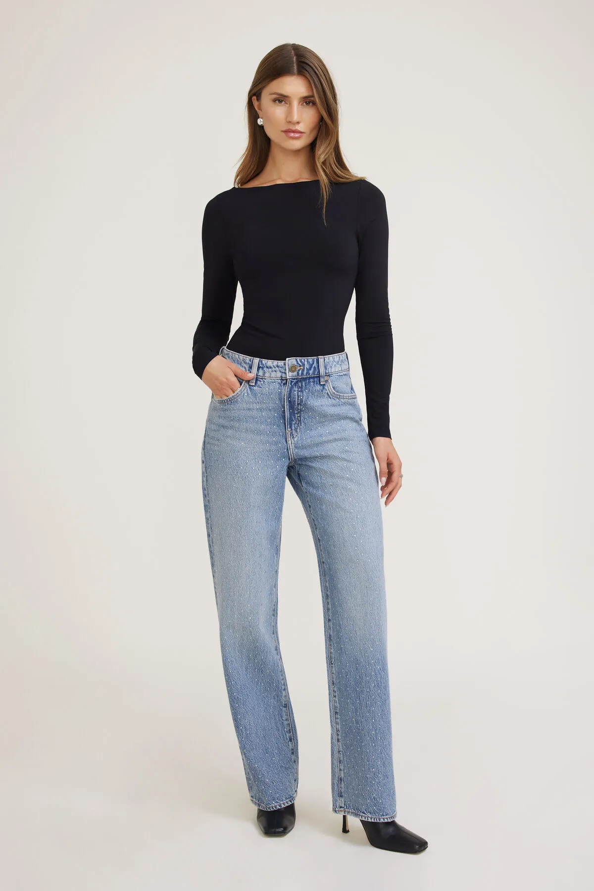 Mika Rhinestone Mid Rise Relaxed Straight Leg Jeans sold by Dynamite