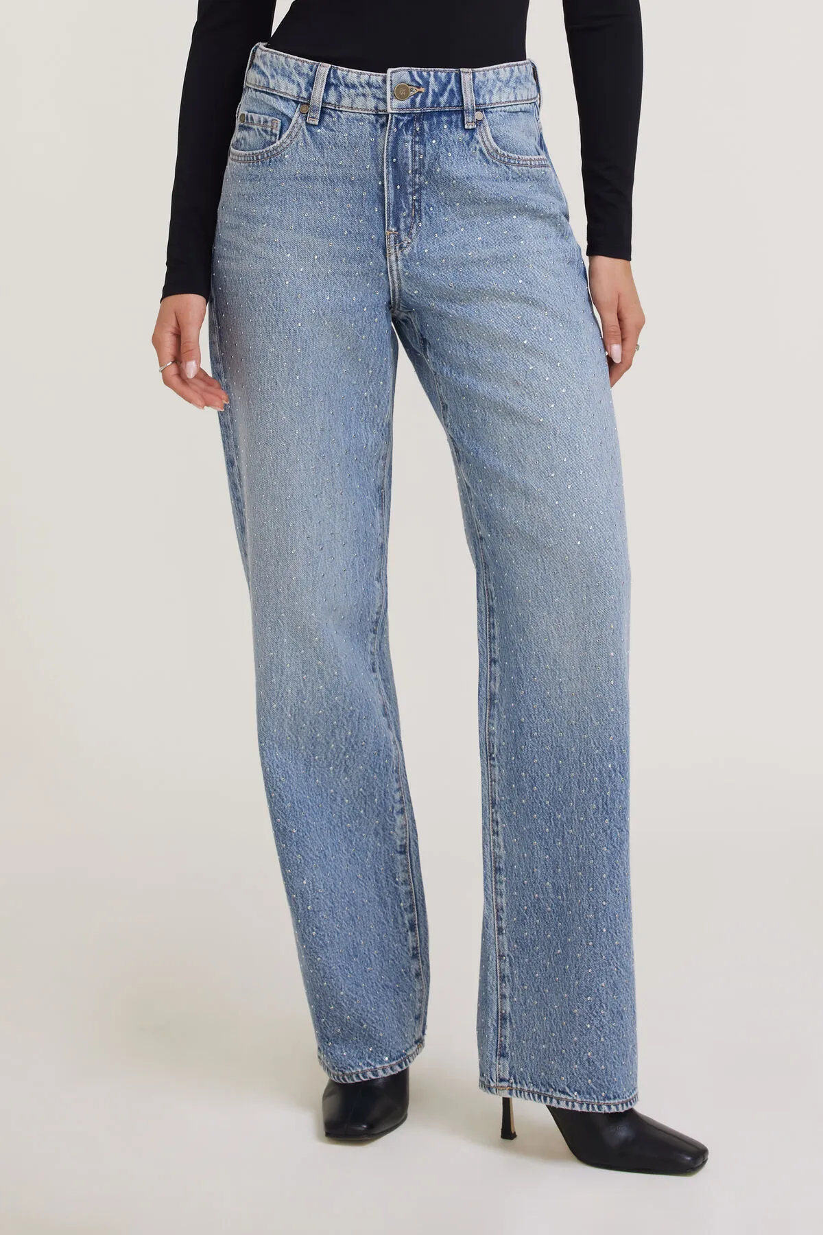 Mika Rhinestone Mid Rise Relaxed Straight Leg Jeans sold by Dynamite product image thumbnail 4
