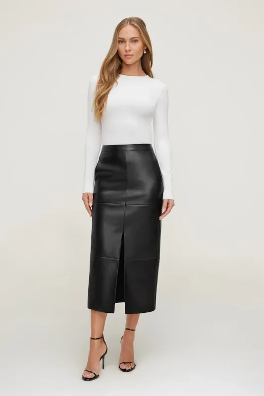 Structured Faux Leather Midi Skirt sold by Dynamite