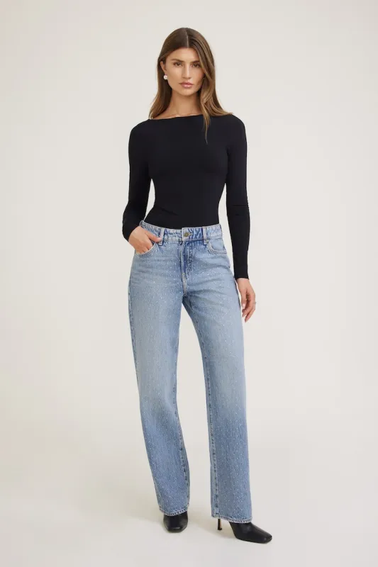 Mika Rhinestone Mid Rise Relaxed Straight Leg Jeans sold by Dynamite