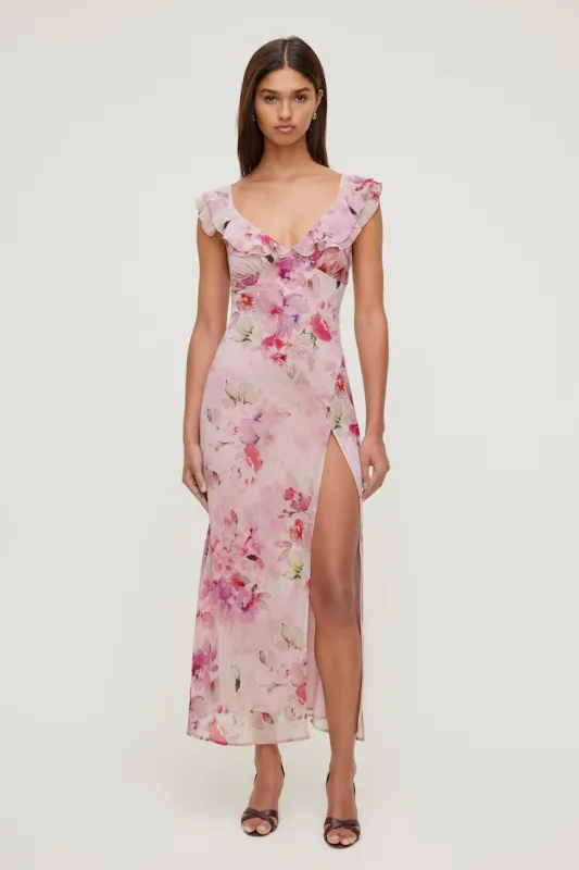 Floral Ruffle V Neck Maxi Dress sold by Dynamite