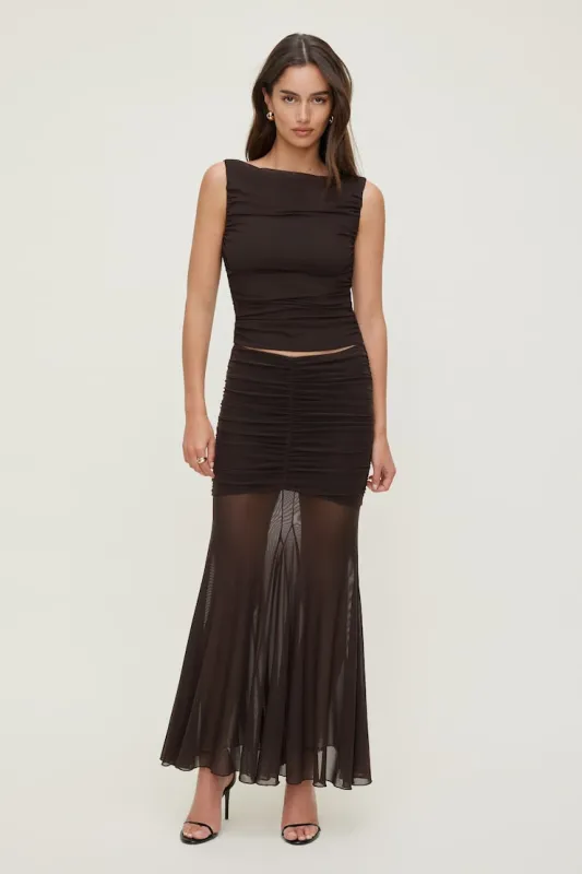 Ruched Mesh Maxi Skirt sold by Dynamite