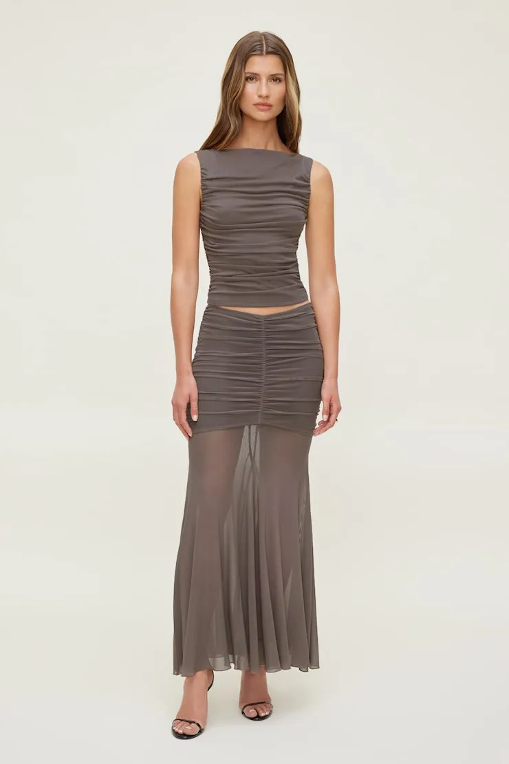 Ruched Mesh Maxi Skirt sold by Dynamite