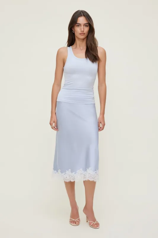 Lace Satin Midi Skirt - Dynamite - Blue - Women Clothing made by Dynamite