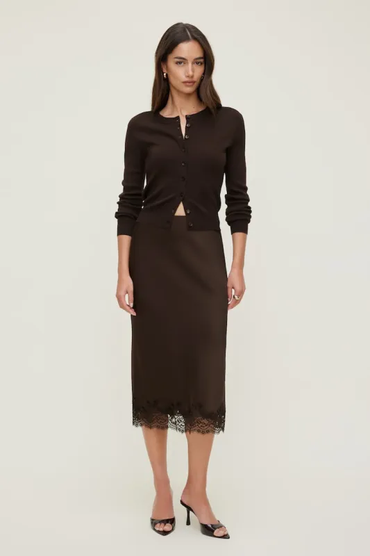 Lace Satin Midi Skirt - Dynamite - Brown - Women Clothing made by Dynamite
