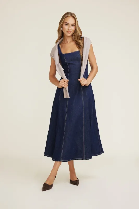 Flared Denim Maxi Dress - Dynamite - Blue - Women Clothing made by Dynamite