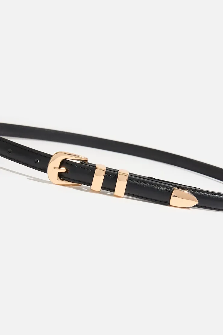 Double Loop Super Slim Faux Leather Belt - Dynamite - Black - Women Clothing sold by Dynamite product image thumbnail 4