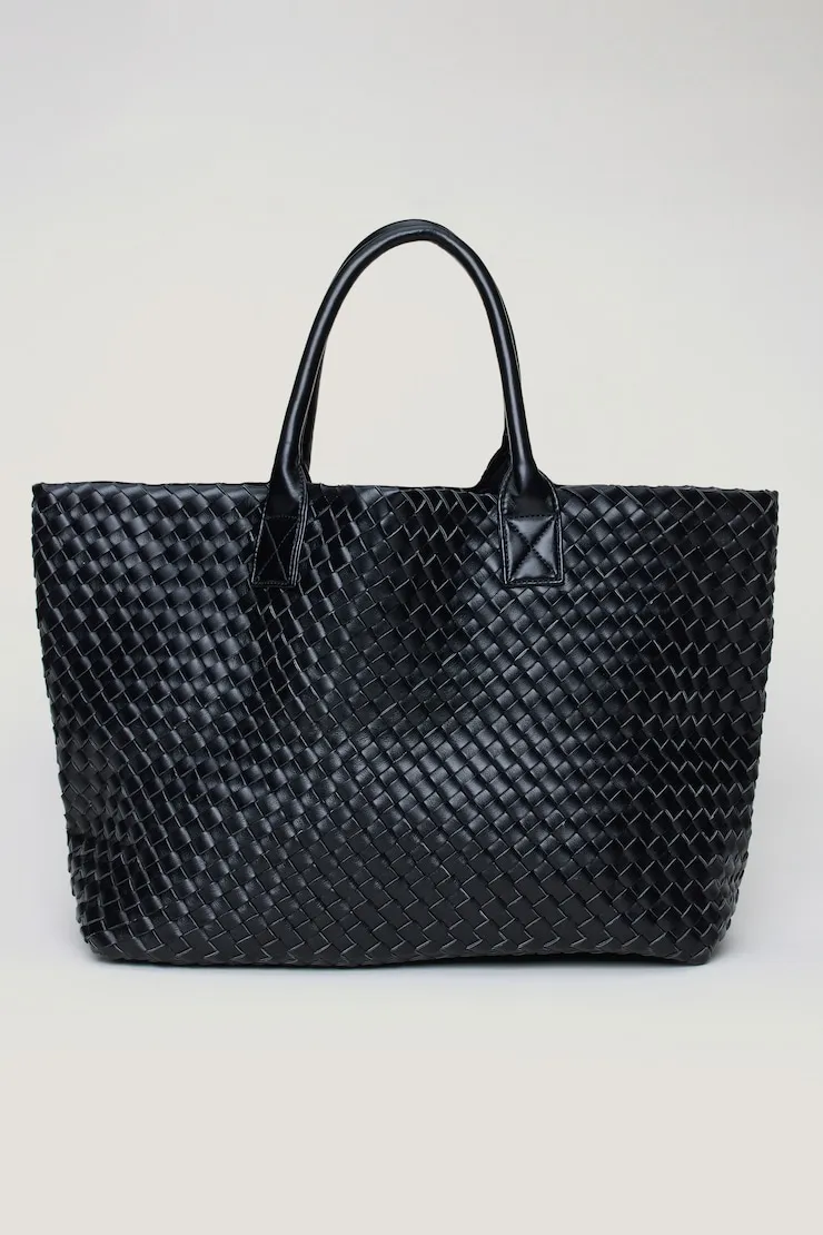 Oversized Woven Faux Leather Tote - Dynamite - Black - Women Clothing sold by Dynamite