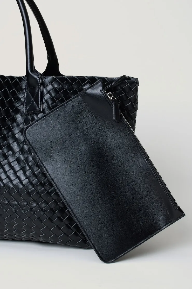 Oversized Woven Faux Leather Tote - Dynamite - Black - Women Clothing sold by Dynamite product image thumbnail 3