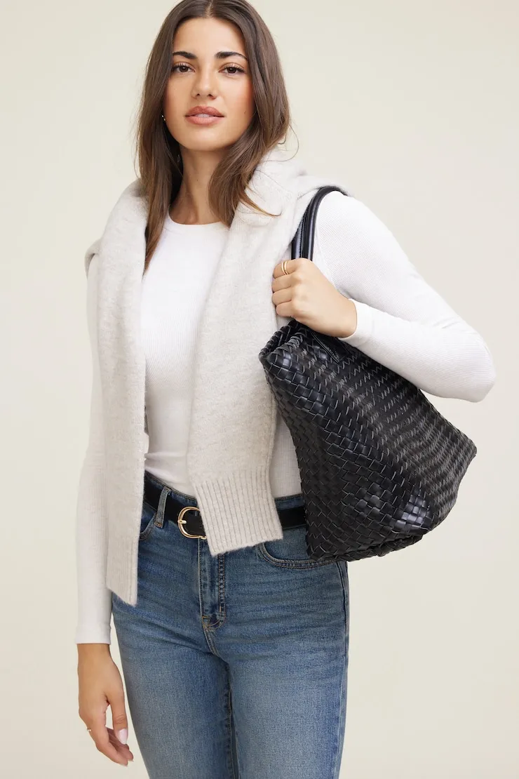 Oversized Woven Faux Leather Tote - Dynamite - Black - Women Clothing sold by Dynamite product image thumbnail 4