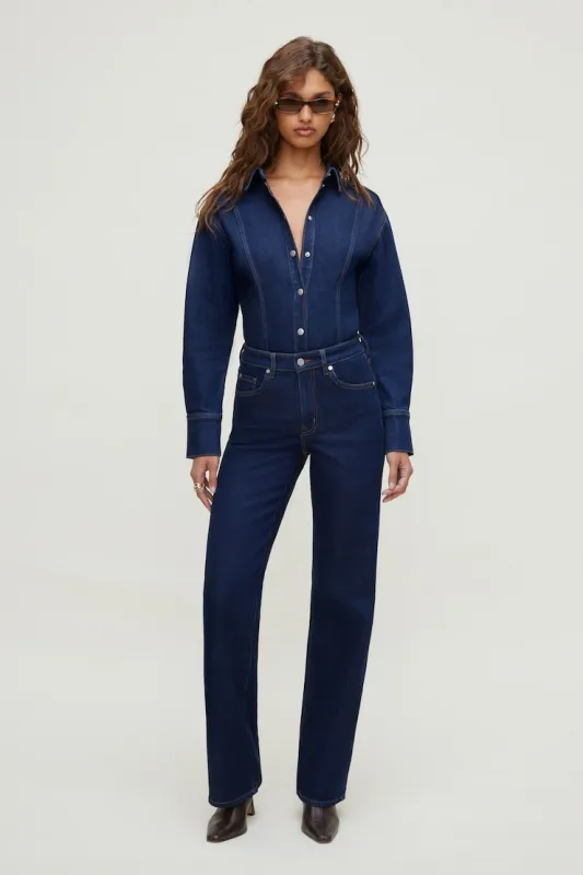Cinched Stretch Denim Shirt - Dynamite - Blue - Women Clothing made by Dynamite