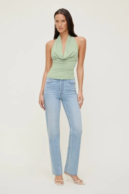 Cowl Neck Mesh Halter Top - Dynamite - Green - Women Clothing made by Dynamite