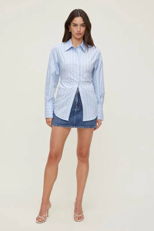 Poplin Cinch Back Shirt - Dynamite - Blue - Women Clothing made by Dynamite