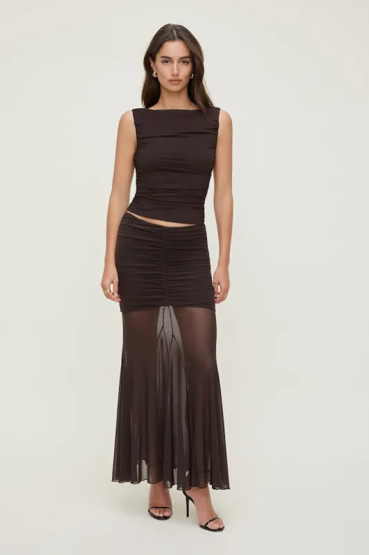 Ruched Boat Neck Mesh Tank Top - Dynamite - Brown - Women Clothing made by Dynamite