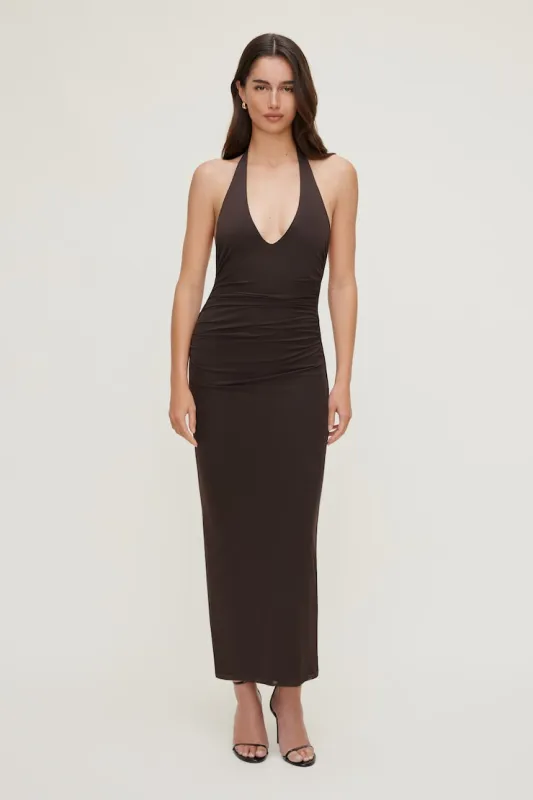 Reia Halter Mesh Maxi Dress - Dynamite - Brown - Women Clothing made by Dynamite