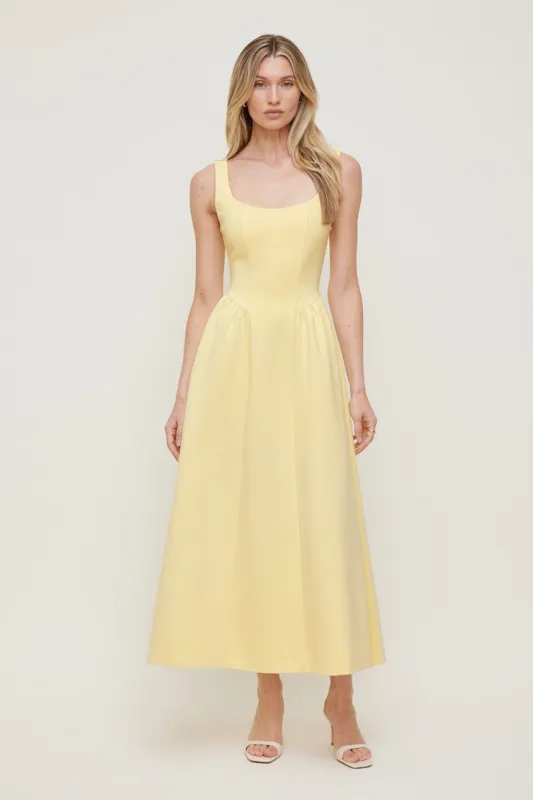 Scoop Flared Ponte Maxi Dress - Dynamite - Yellow - Women Clothing made by Dynamite