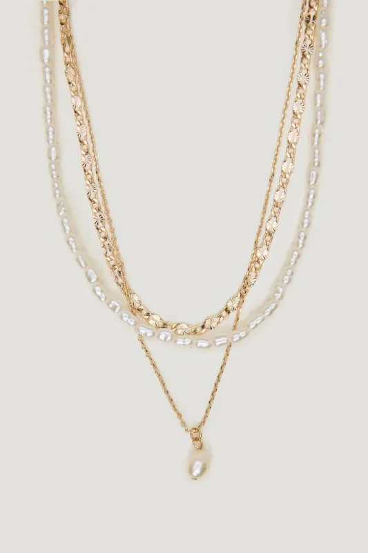 Layered Pearl and Chain Necklace - Dynamite - White - Women Clothing made by Dynamite