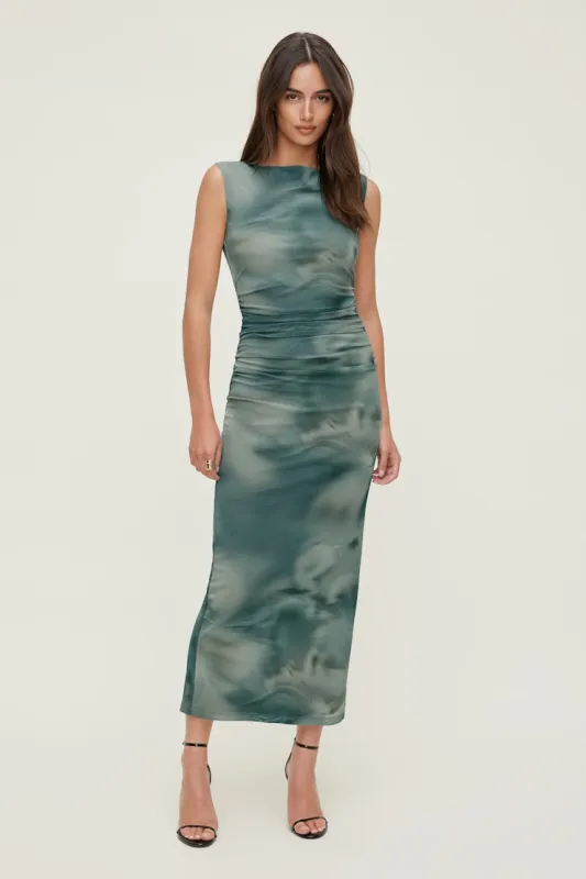 Ruched Boat Neck Mesh Maxi Dress - Dynamite - Blue - Women Clothing made by Dynamite