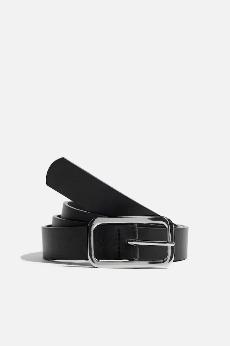 Skinny Round Square Buckle Belt - Dynamite - Black - Women Clothing sold by Dynamite