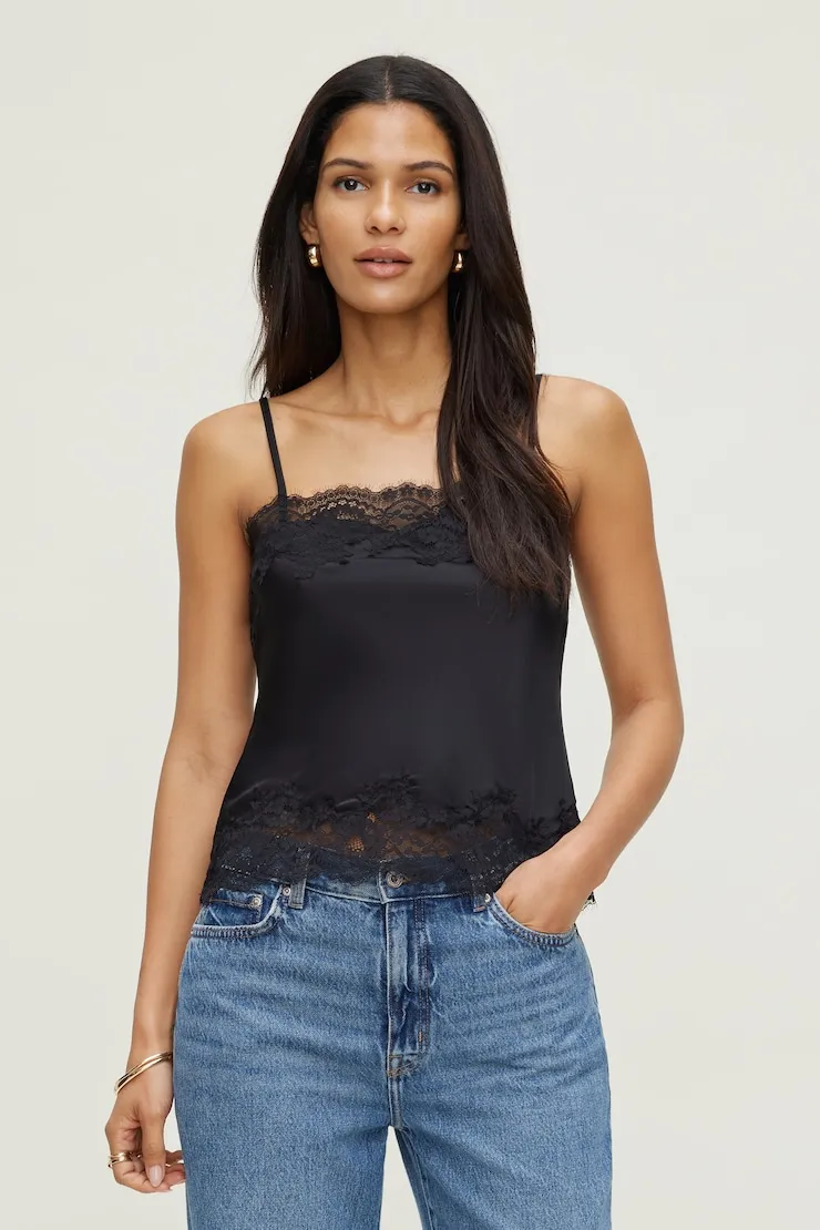 Lace Trim Satin Cami Top - Dynamite - Black - Women Clothing sold by Dynamite