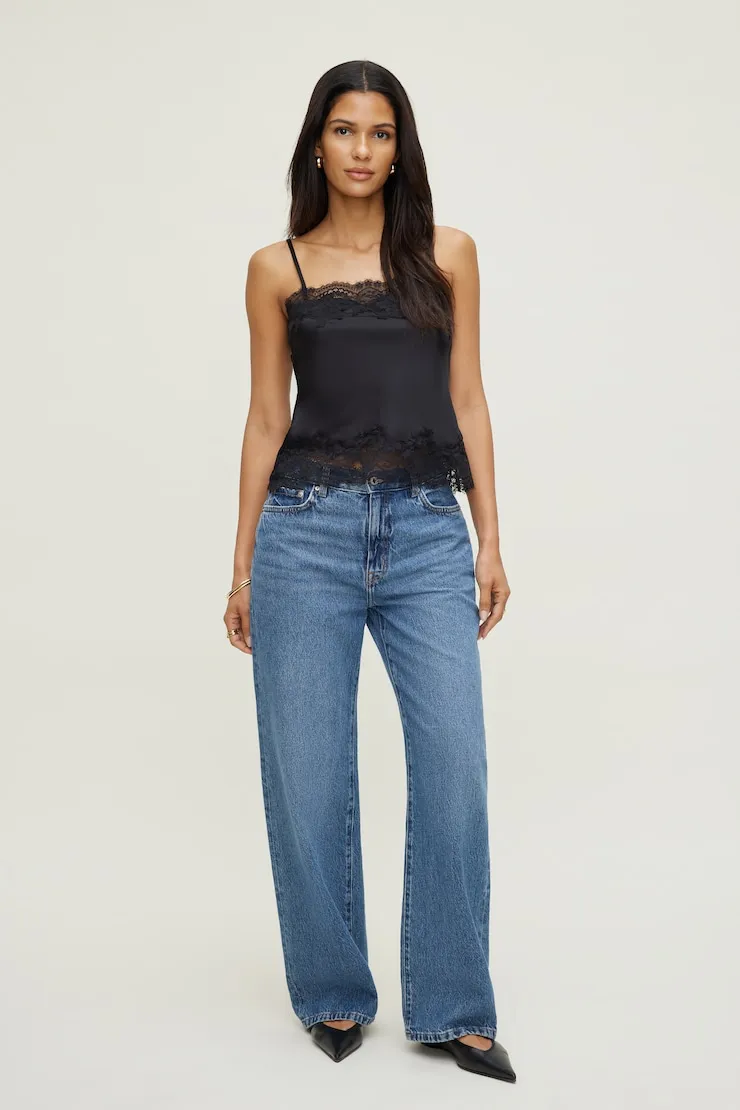 Lace Trim Satin Cami Top - Dynamite - Black - Women Clothing sold by Dynamite product image thumbnail 3