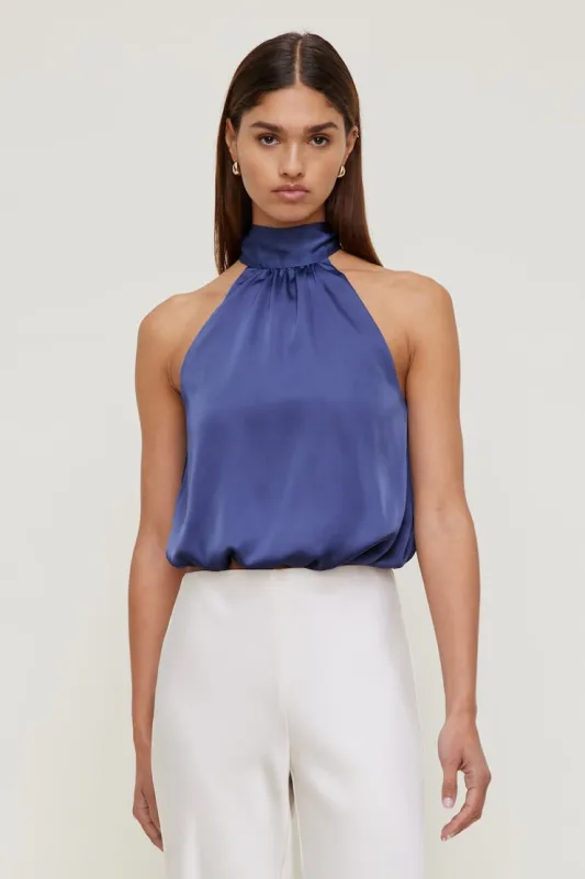 Paloma Bubble Satin Halter Blouse - Dynamite - Blue - Women Clothing made by Dynamite