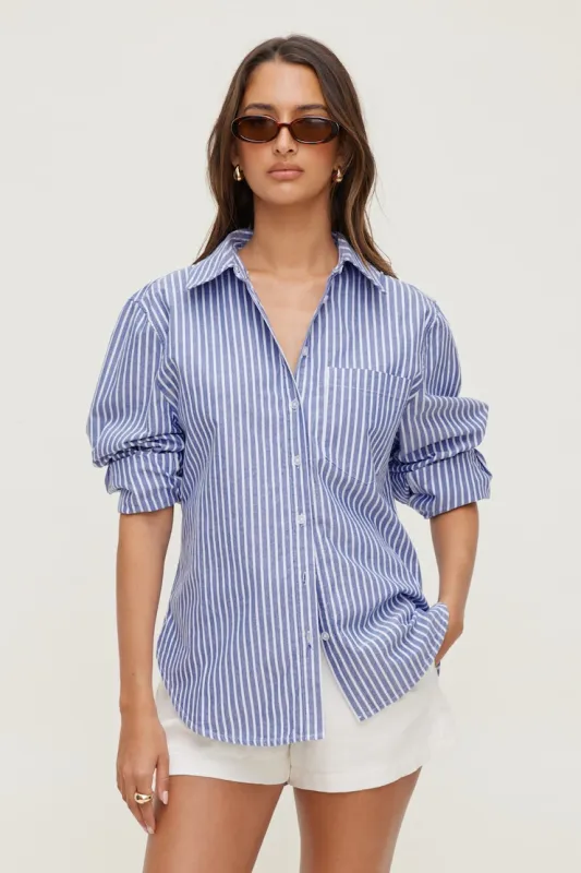 Striped Poplin Shirt - Dynamite - Blue - Women Clothing made by Dynamite