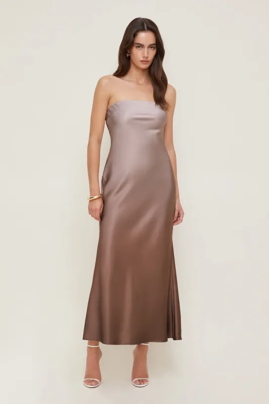 Satin Maxi Tube Dress - Dynamite - Brown - Women Clothing made by Dynamite
