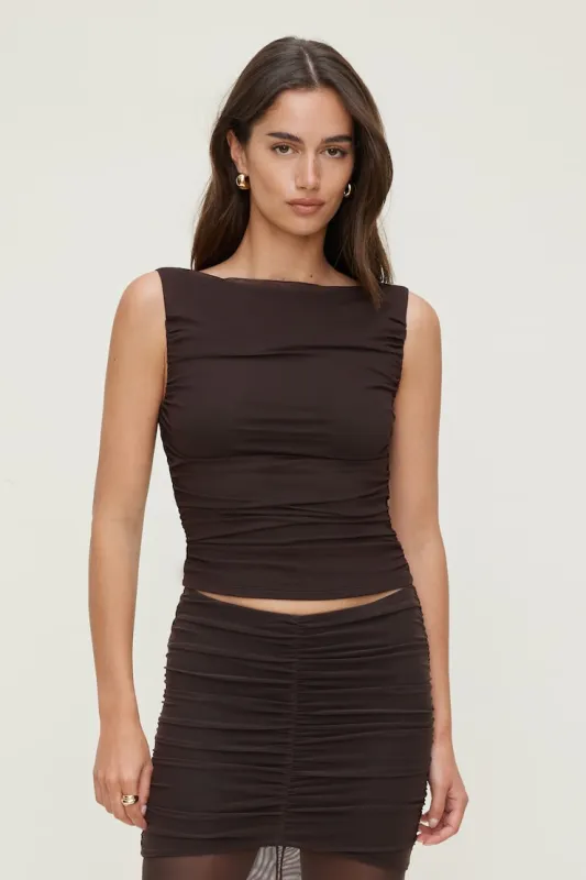 Ruched Mesh Tank Top - Dynamite - Brown - Women Clothing made by Dynamite