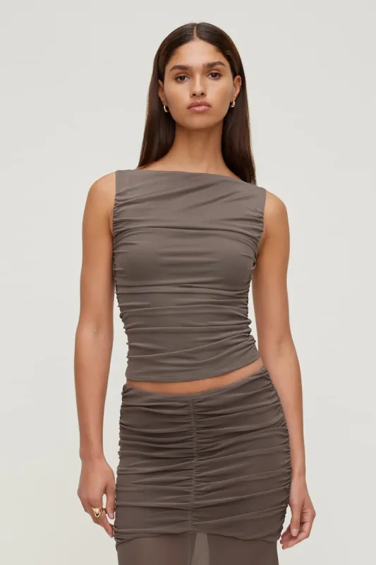 Ruched Mesh Tank Top - Dynamite - Brown - Women Clothing made by Dynamite