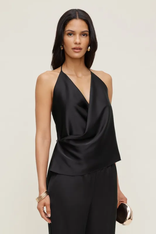 Satin Wrap Halter Top - Dynamite - Black - Women Clothing made by Dynamite