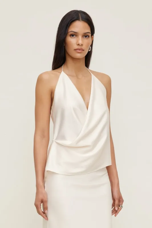 Satin Wrap Halter Top - Dynamite - Beige - Women Clothing made by Dynamite