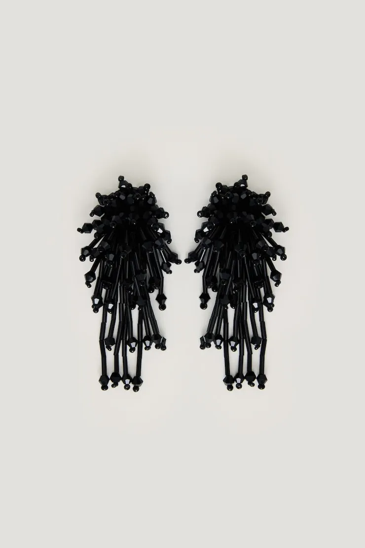 Beaded Fringe Cluster Earrings - Dynamite - Black - Women Clothing sold by Dynamite
