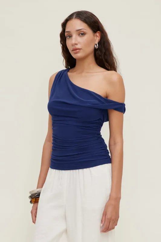 Off Shoulder Mesh Top - Dynamite - Blue - Women Clothing made by Dynamite